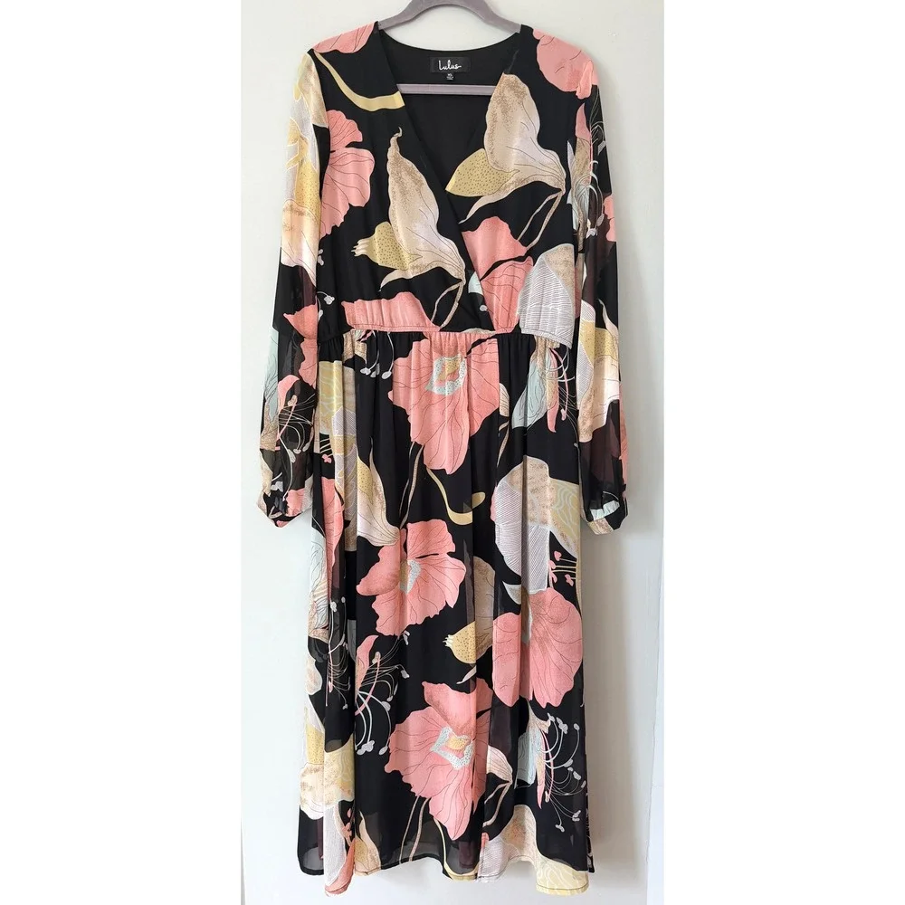 Lulus Wondrous Water Lilies Black Floral Long Sleeve Midi/Maxi Dress XL NWT - Picture 4 of 11